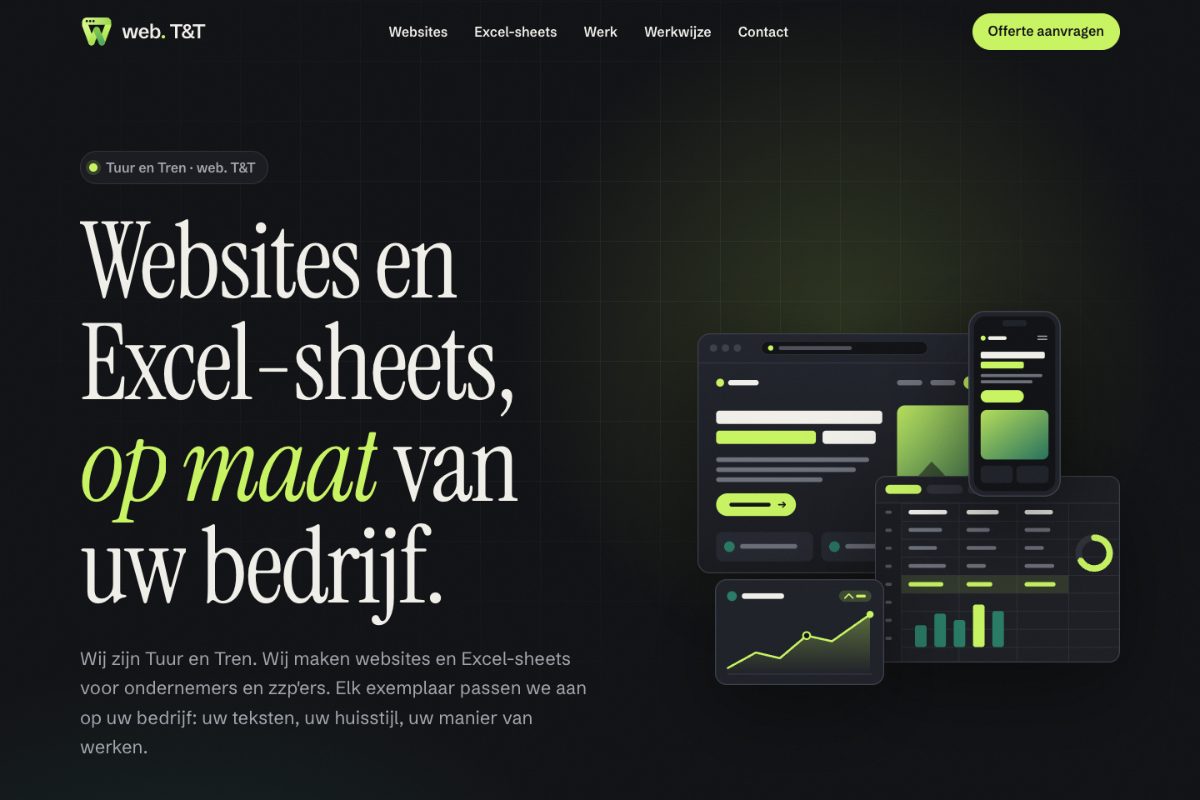 Schermafbeelding van de homepage van web. T&T, met de grote kop 'Websites en Excel-sheets, op maat van uw bedrijf'.